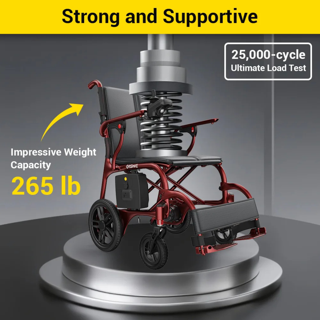 The Easwe® C30 – Ultra Lightweight Carbon Fiber Electric Wheelchair is tested for strength with a 265 lb weight capacity and a 25,000-cycle load test—proving it’s “Strong and Supportive” under rigorous conditions.