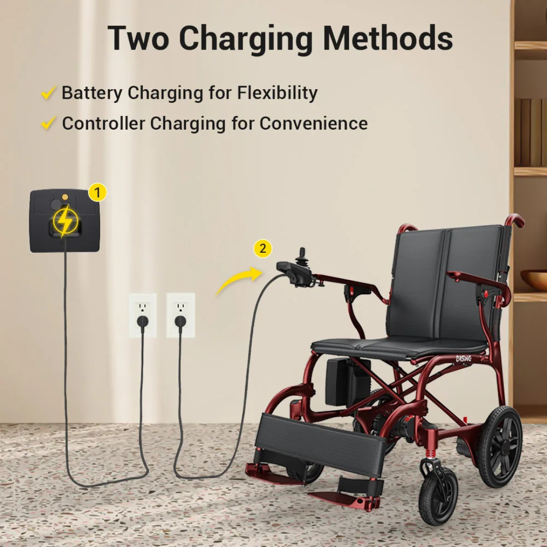 The Easwe® C30 – Ultra Lightweight Carbon Fiber Electric Wheelchair in red sits by a wall with two outlets, showing its versatile battery and controller charging options. Text highlights: Two Charging Methods.