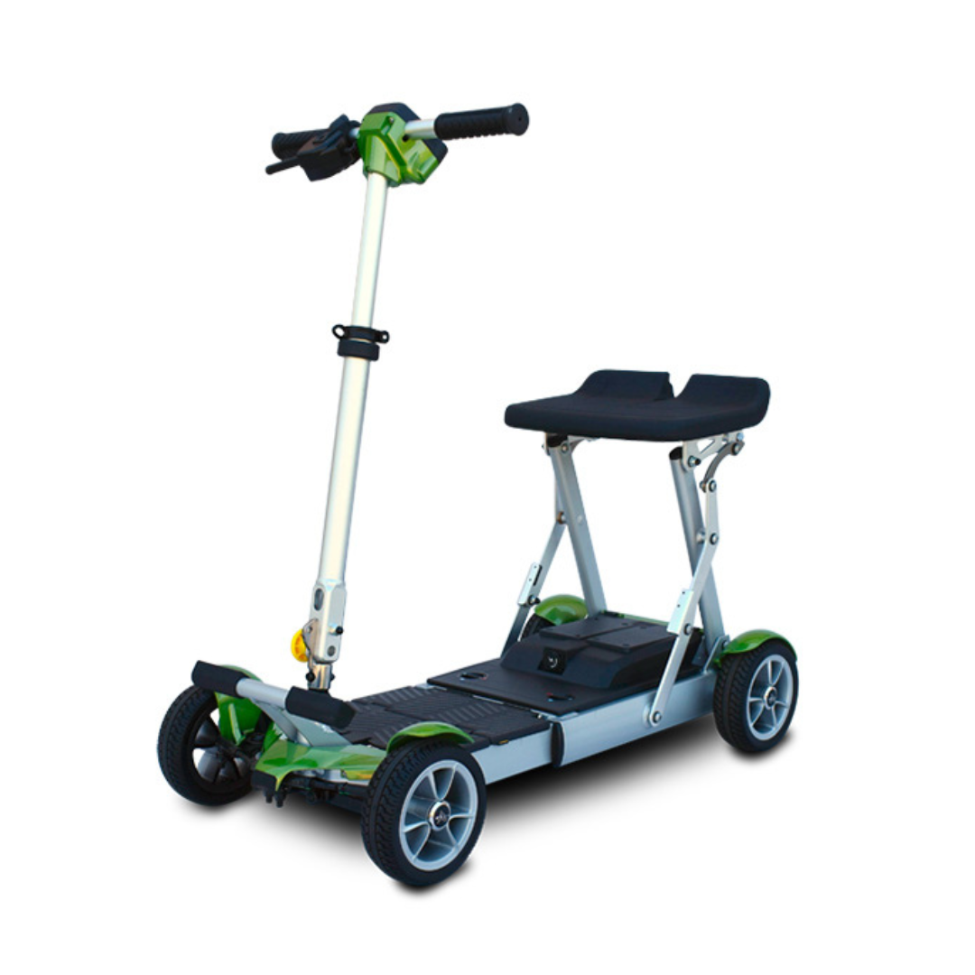 The EV Rider Gypsy Ultra Compact Airline Approved Scooter is a foldable, four-wheel electric scooter with a black padded seat, handlebars, and lightweight design featuring green and silver accents, ideal for stylish and easy travel.