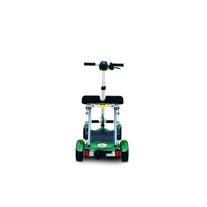 The EV Rider Gypsy Ultra Compact Airline Approved Scooter, shown from the rear against a white background, features a green foldable design with handlebars, seat, and four wheels.