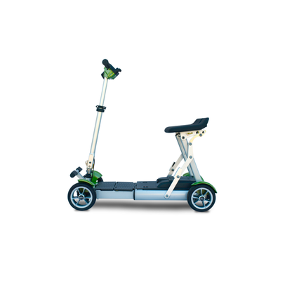The EV Rider Gypsy Ultra Compact Airline Approved Scooter is a foldable, three-wheeled travel scooter with a seat, shown in profile on a white background. It features a sleek silver and green frame with black accents for a modern look.
