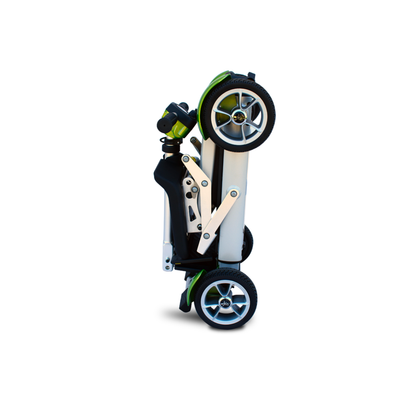 The EV Rider Gypsy Ultra Compact Airline Approved Scooter features a black and silver frame, four wheels, and a folding design—ideal for convenient travel.