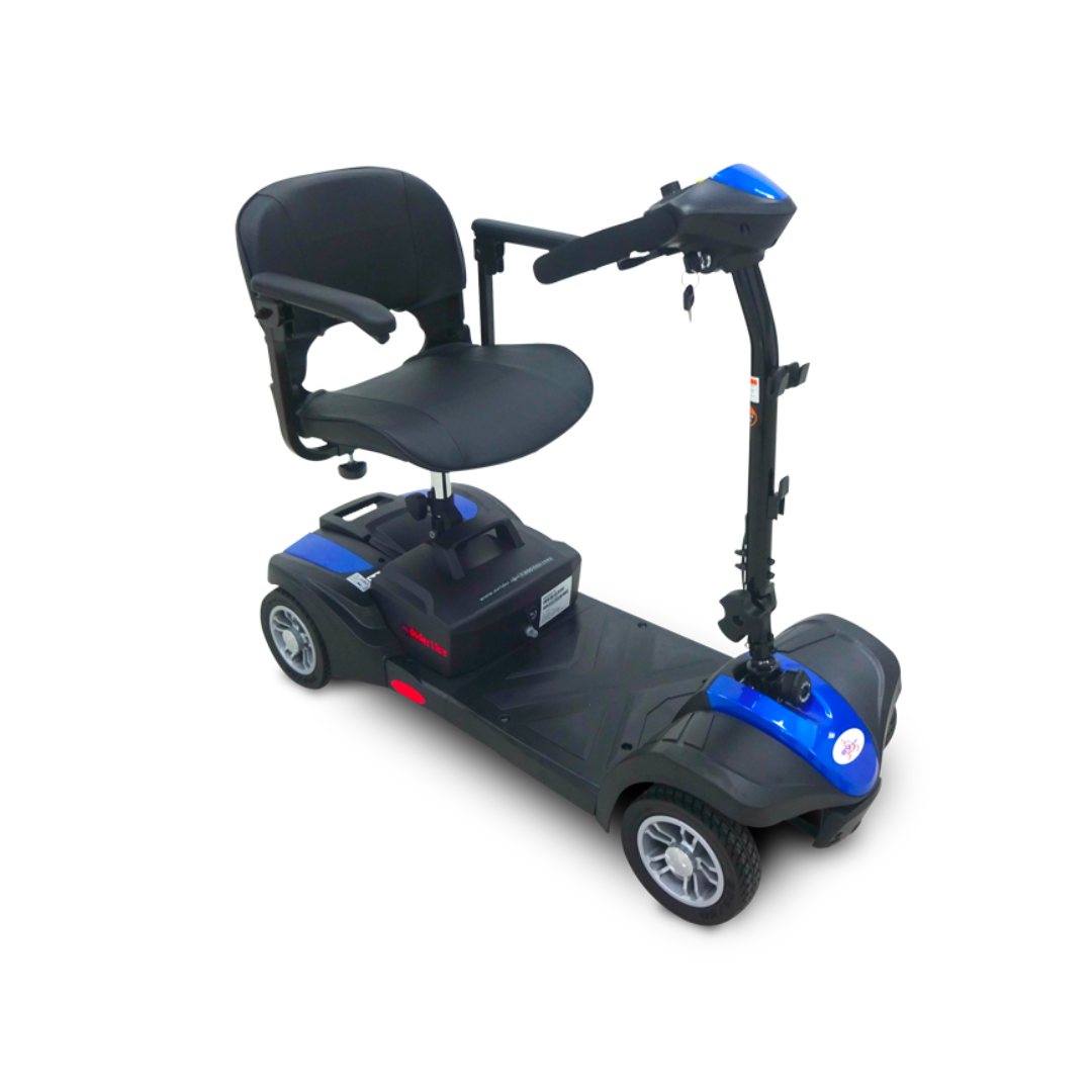 The EV Rider MiniRider Lite Portable Mobility Scooter, shown in blue and black with a padded seat, armrests, handlebars, and four wheels on a white background, is available; see specifications for more details.