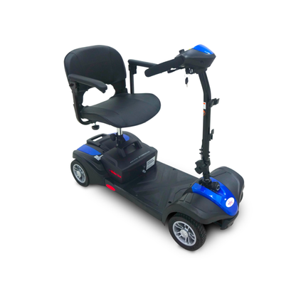 The EV Rider MiniRider Lite Portable Mobility Scooter, shown in blue and black with a padded seat, armrests, handlebars, and four wheels on a white background, is available; see specifications for more details.