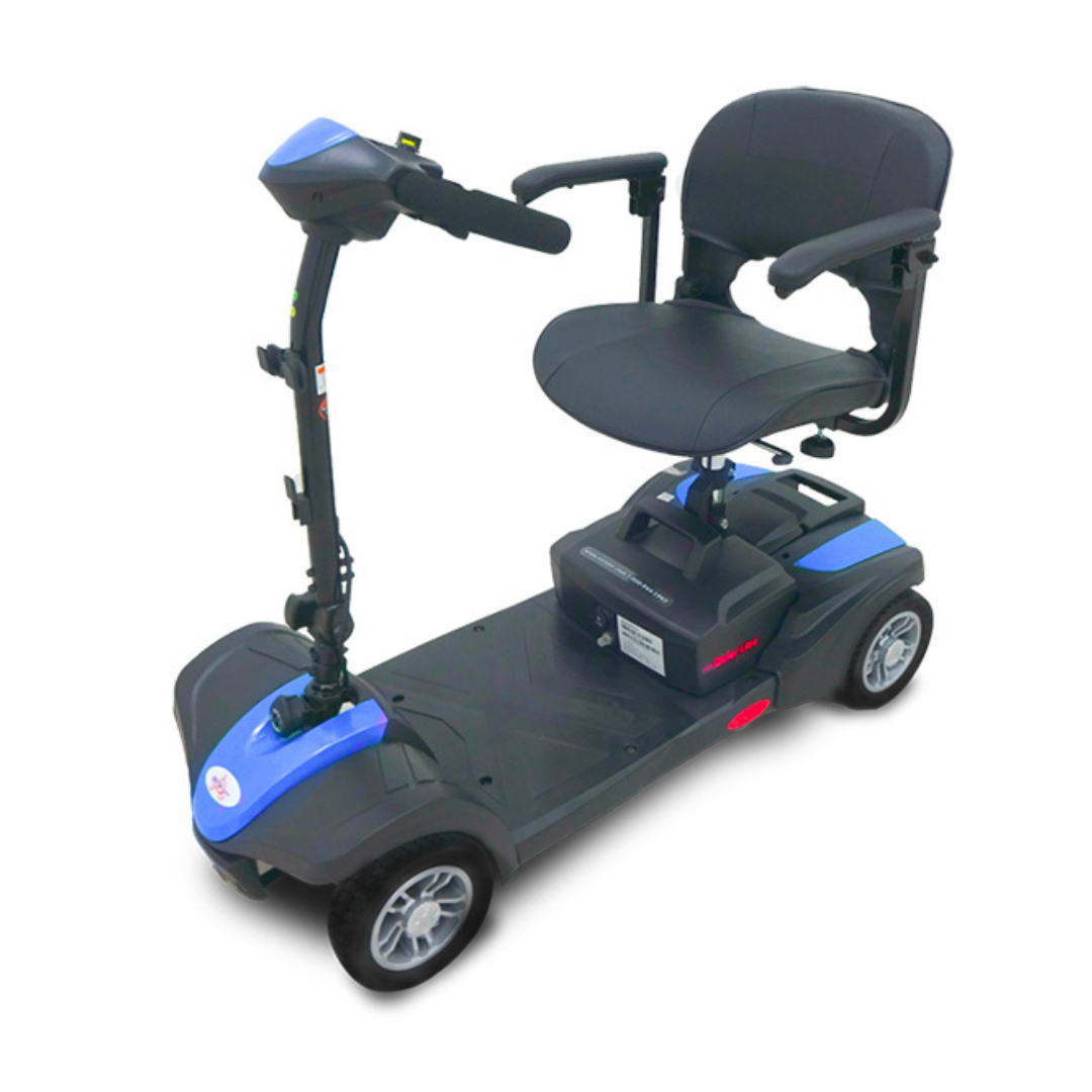 The EV Rider MiniRider Lite Portable Mobility Scooter is a compact, four-wheeled model with a black seat, armrests, and blue accents. Designed for those with limited mobility; warranty info and specs are included in the user manual.