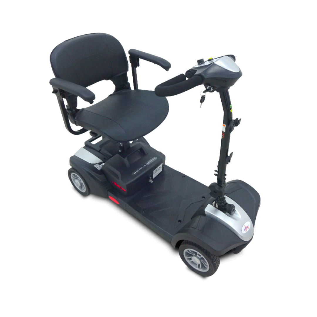 The EV Rider MiniRider Lite Portable Mobility Scooter, shown in black and silver with four wheels, cushioned seat with armrests, handlebar control panel, and foot platform, is displayed on a white background; see user manual for specs and warranty.