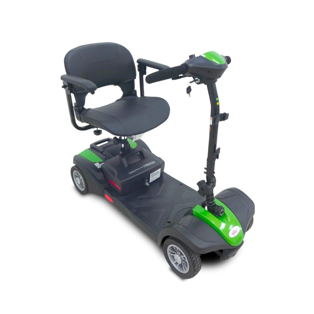 The EV Rider MiniRider Lite Portable Mobility Scooter is a green and black four-wheel scooter with a padded seat, armrests, handlebars, and key ignition for personal transport. Comes with detailed specs and a user manual for easy setup.