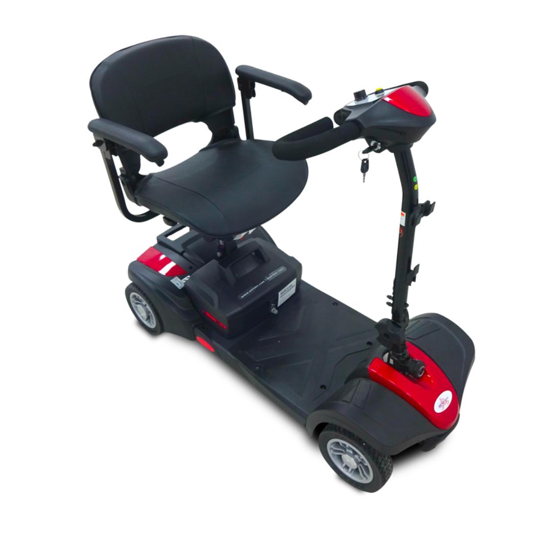 The EV Rider MiniRider Lite Portable Mobility Scooter, in black and red with four wheels, a cushioned seat, armrests, and handlebar, is shown on a white background; specs and user manual are included for reference.