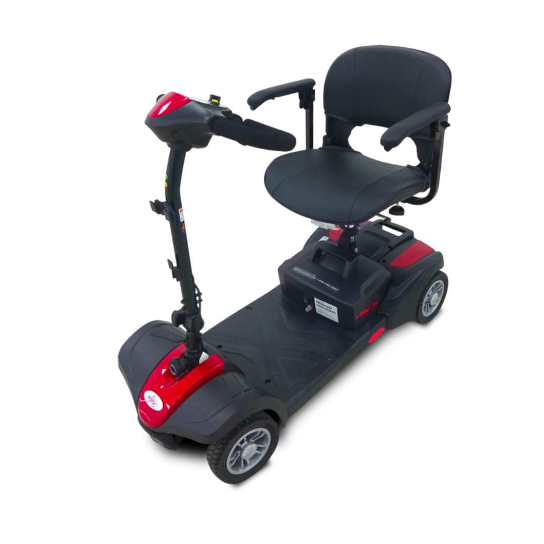 The EV Rider MiniRider Lite Portable Mobility Scooter features four wheels, a black seat with armrests, a black base with red accents, and a steering column. Includes user manual and warranty for dependable mobility assistance.