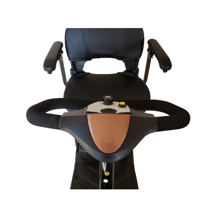 A front view of the EV Rider MiniRider Lite Portable Mobility Scooter seat with black armrests and a visible control panel on the handlebars, isolated on white. See the user manual for full specifications and warranty details.