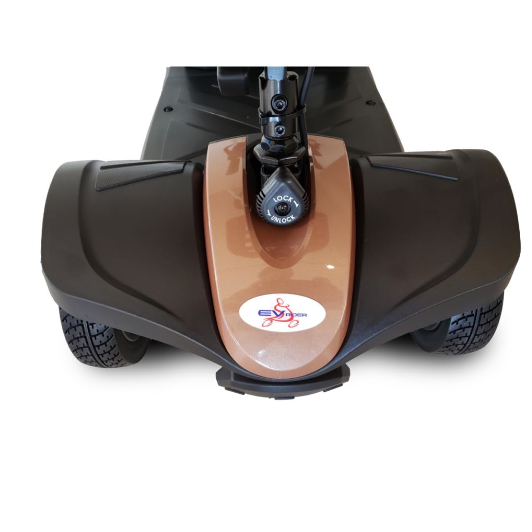 A close-up front view of the EV Rider MiniRider Lite Portable Mobility Scooter with a brown and black body, two large wheels, and a logo with a stylized person in a wheelchair. Refer to the user manual for full specifications.