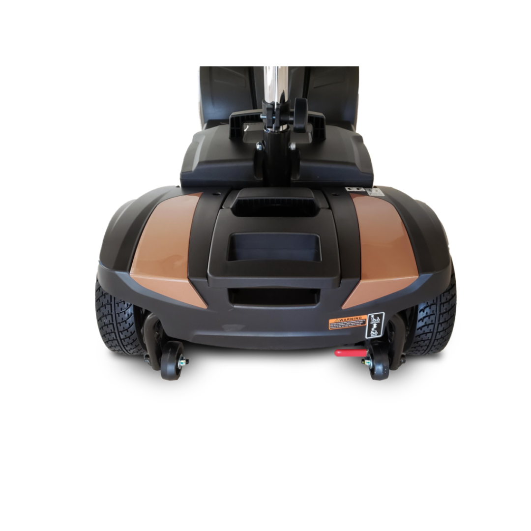 Front view of the EV Rider MiniRider Lite Portable Mobility Scooter with two large black wheels, a brown-black base, footrest area, and central black panel. For specs or warranty info, see the user manual. Shown on a white background.