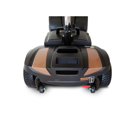 Front view of the EV Rider MiniRider Lite Portable Mobility Scooter with two large black wheels, a brown-black base, footrest area, and central black panel. For specs or warranty info, see the user manual. Shown on a white background.