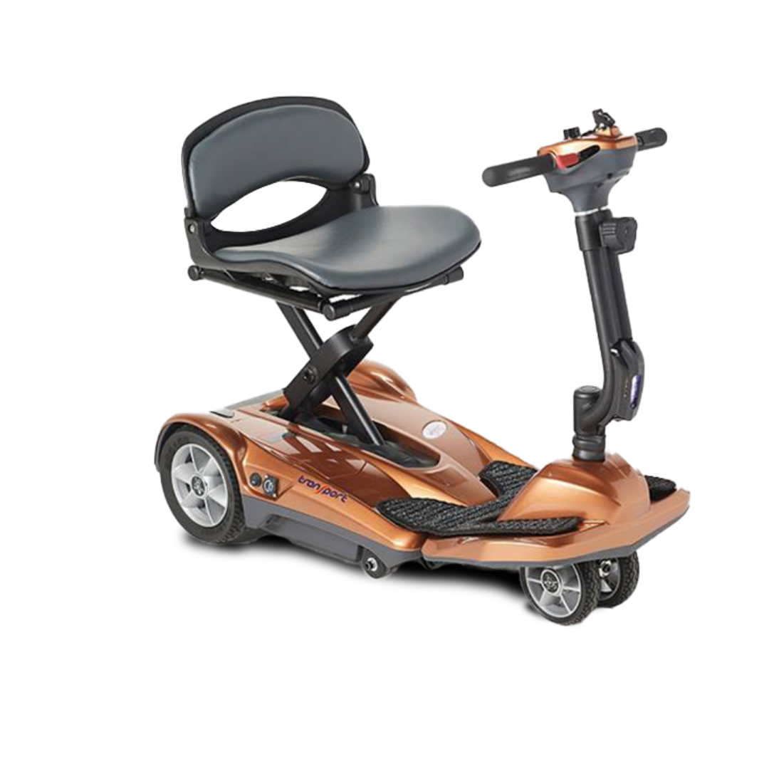 The EV Rider TranSport S19AF Automatic Folding Travel Scooter features a bronze frame, black seat and backrest, lightweight 3-wheel design, handlebars, and a small control panel for easy portable travel.
