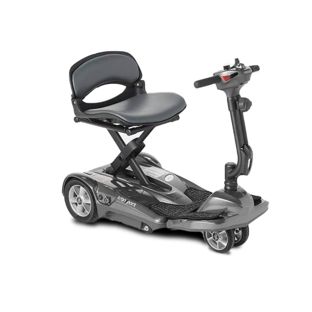 The EV Rider TranSport S19AF Automatic Folding Travel Scooter is a compact, lightweight scooter with a padded seat, armrests, and three wheels, shown against a white background.