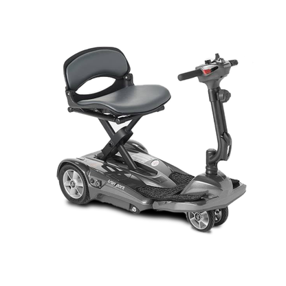 The EV Rider TranSport S19AF Automatic Folding Travel Scooter is a compact, lightweight scooter with a padded seat, armrests, and three wheels, shown against a white background.