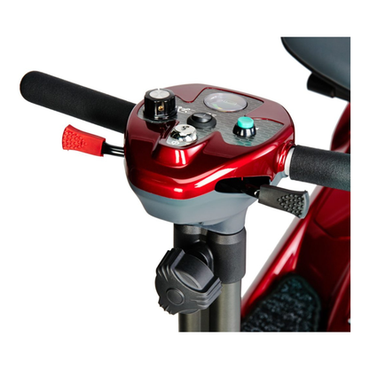 Close-up of the control panel and handlebars of the EV Rider TranSport S19AF Automatic Folding Travel Scooter, featuring buttons, levers, and a speed dial on a glossy red surface.