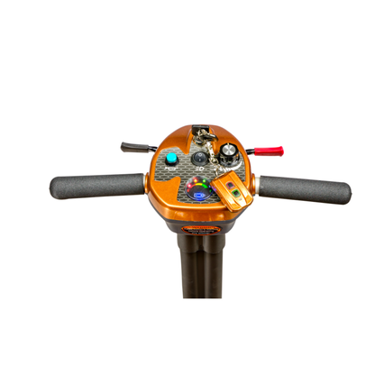 Close-up of the control panel of the EV Rider TranSport S19AF Automatic Folding Travel Scooter, featuring handlebars, buttons, a key, and a display on a white background.