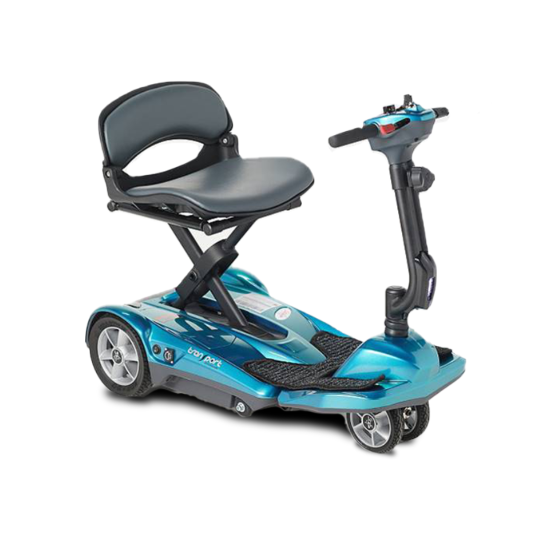 The EV Rider TranSport S19AF Automatic Folding Travel Scooter is a compact, blue, lightweight scooter with a black seat, armrests, and handlebars, designed for easy transport and personal mobility assistance.