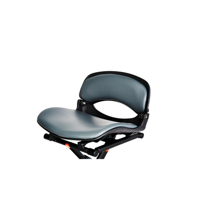 The EV Rider TranSport S19AF Automatic Folding Travel Scooter features a modern, ergonomic chair with a padded seat and backrest upholstered in dark gray fabric, displayed against a white background.