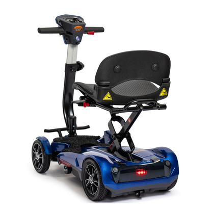 The EV Rider Transport 4M Travel Scooter is a blue, four-wheel lightweight scooter with a padded seat and backrest plus a handlebar for steering, shown from the rear.