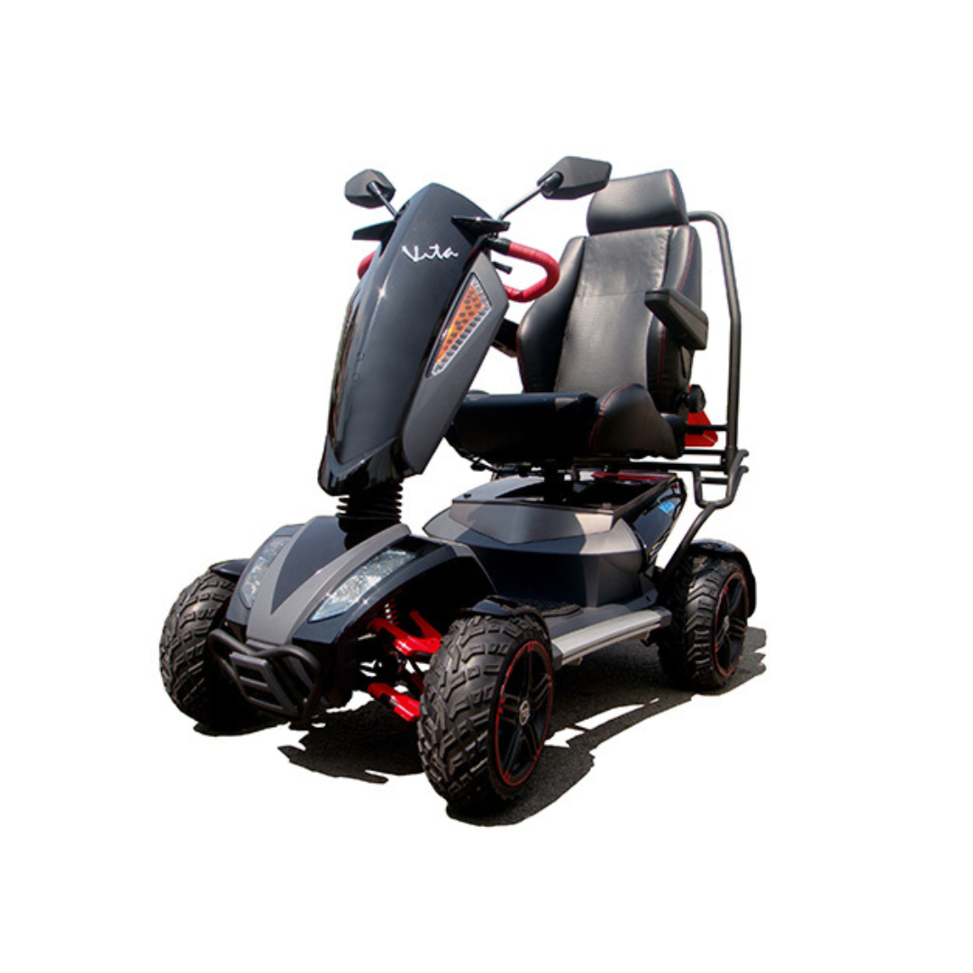 A sleek black Heartway S12X Vita Monster All-Terrain Power Scooter with rugged tires, red accents, high backrest, and side mirrors is shown against a white background.