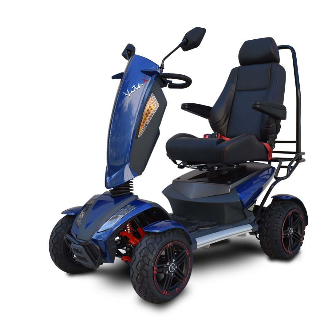 The Heartway S12X Vita Monster All-Terrain Power Scooter features a modern blue design, large wheels, padded seat, armrests, high backrest, and side mirrors—ideal for outdoor use and enhanced comfort.