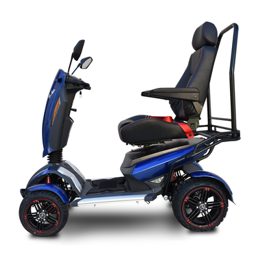 A blue and black Heartway S12X Vita Monster All-Terrain Power Scooter with a high-back seat, armrests, rear handlebar, and side mirrors is shown in side profile on a plain white background.