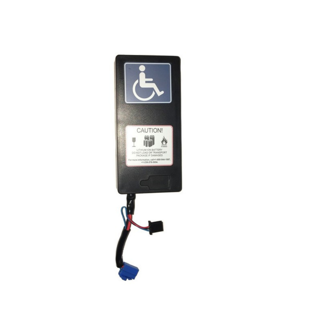 Black rectangular Extra Battery for EV Rider Transport AF and M Models, with a wheelchair accessibility symbol, warning labels, and multiple wires with blue and black connectors for compatibility.
