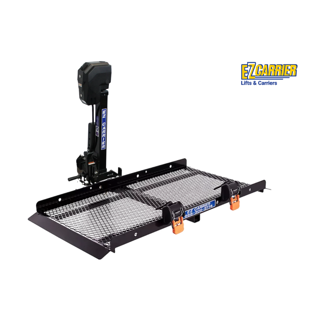 A black EZ-Carrier Electric Lift – Manual Fold Up (Semi-Auto) with mesh platform, orange securing clips, and a vertical motorized arm. Warranty info and the EZ Carrier Lifts & Carriers logo appear in the top right on a white background.