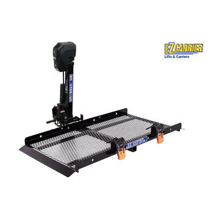 A black EZ-Carrier Electric Lift – Manual Fold Up (Semi-Auto) with mesh platform, orange securing clips, and a vertical motorized arm. Warranty info and the EZ Carrier Lifts & Carriers logo appear in the top right on a white background.