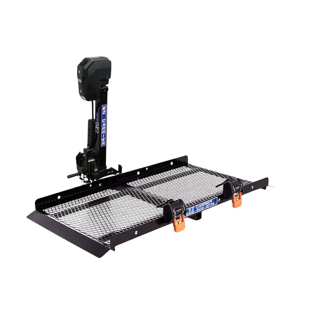 The EZ-Carrier Electric Lift – Manual Fold Up (Semi-Auto) is a black metal hitch-mounted cargo carrier with a mesh platform, orange latches, and an adjustable vertical support arm. Shown on white. Review specs and warranty before purchasing.