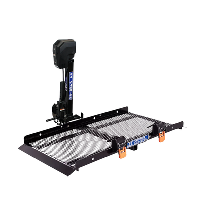 The EZ-Carrier Electric Lift – Manual Fold Up (Semi-Auto) is a black metal hitch-mounted cargo carrier with a mesh platform, orange latches, and an adjustable vertical support arm. Shown on white. Review specs and warranty before purchasing.