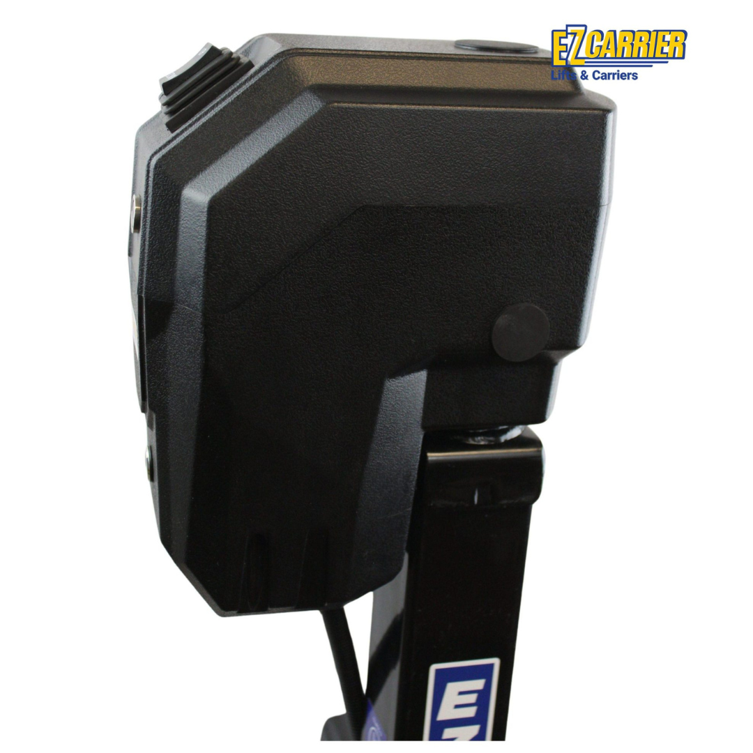 Close-up side view of the EZ-Carrier Electric Lift – Manual Fold Up (Semi-Auto) attached to a vertical metal post, with the EZ Carrier Lift & Carriers logo at the top right. View specs and downloads to learn more about this product.