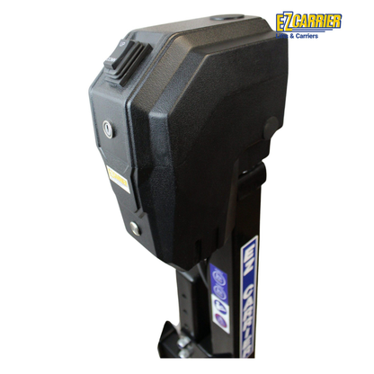 Close-up of the black EZ-Carrier Electric Lift – Manual Fold Up (Semi-Auto) control box featuring a key switch and the EZ Carrier Lifts & Carriers logo. See Downloads for specs and Videos for demos.