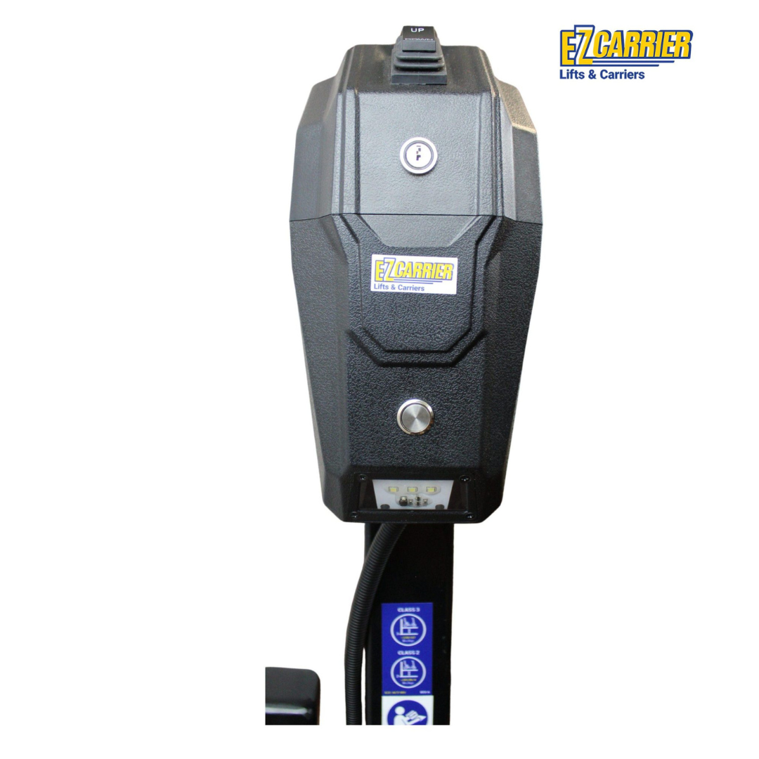 Close-up of the EZ-Carrier Electric Lift – Manual Fold Up (Semi-Auto) control unit featuring a key slot, button, and logo. Specifications for this model are shown, with the EZ Carrier Lifts & Carriers logo in the top right on white background.