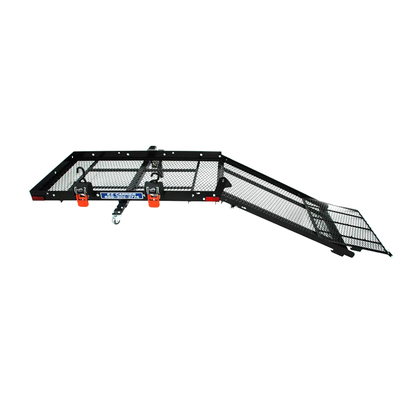 The EZ-Carrier Manual Fold Up Vehicle Mobility Carrier is a black metal hitch carrier with a foldable ramp, mesh platform, and orange side reflectors for safety—ideal for transporting mobility scooters.