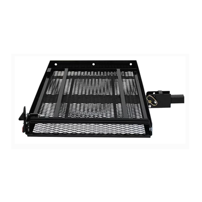 The EZ-Carrier Manual Fold Up Vehicle Mobility Carrier is a black metal tray with a mesh base and raised edges, attaches to vehicles for transporting mobility scooters. Shown in an angled top view against a white background.