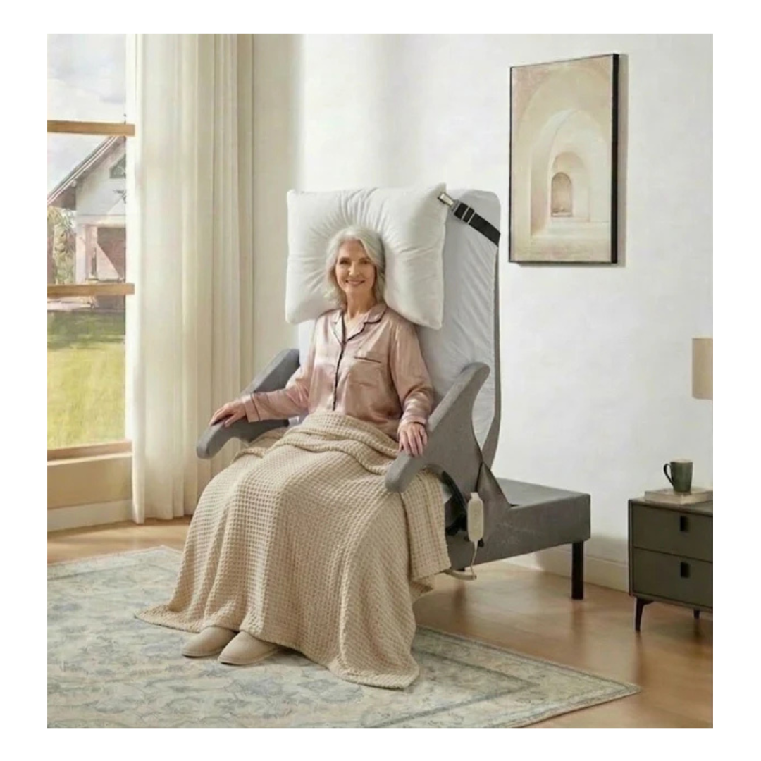 An elderly woman sits upright in the EZLift Bed™ - Deluxe Sleep To Stand Electric Bed, supported by armrests and covered in a beige blanket, smiling in a bright, neatly furnished room with a window and bedside table.