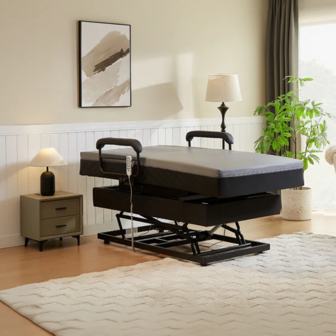 A modern bedroom features an EZLift Bed Hi-Lo Pro™ Electric Bed with Stand Assist in a raised position, black handrails, remote control, nightstand with lamp, framed abstract painting, large plant, and a window with curtains.