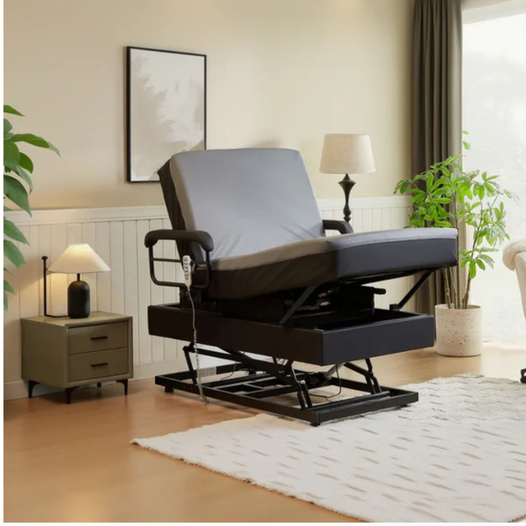 A gray lift chair with a remote sits on a white rug in a cozy living room, perfectly paired with the EZLift Bed Hi-Lo Pro™ Electric Bed with Stand Assist near the side table, lamp, plants, and large windows for added comfort and support.