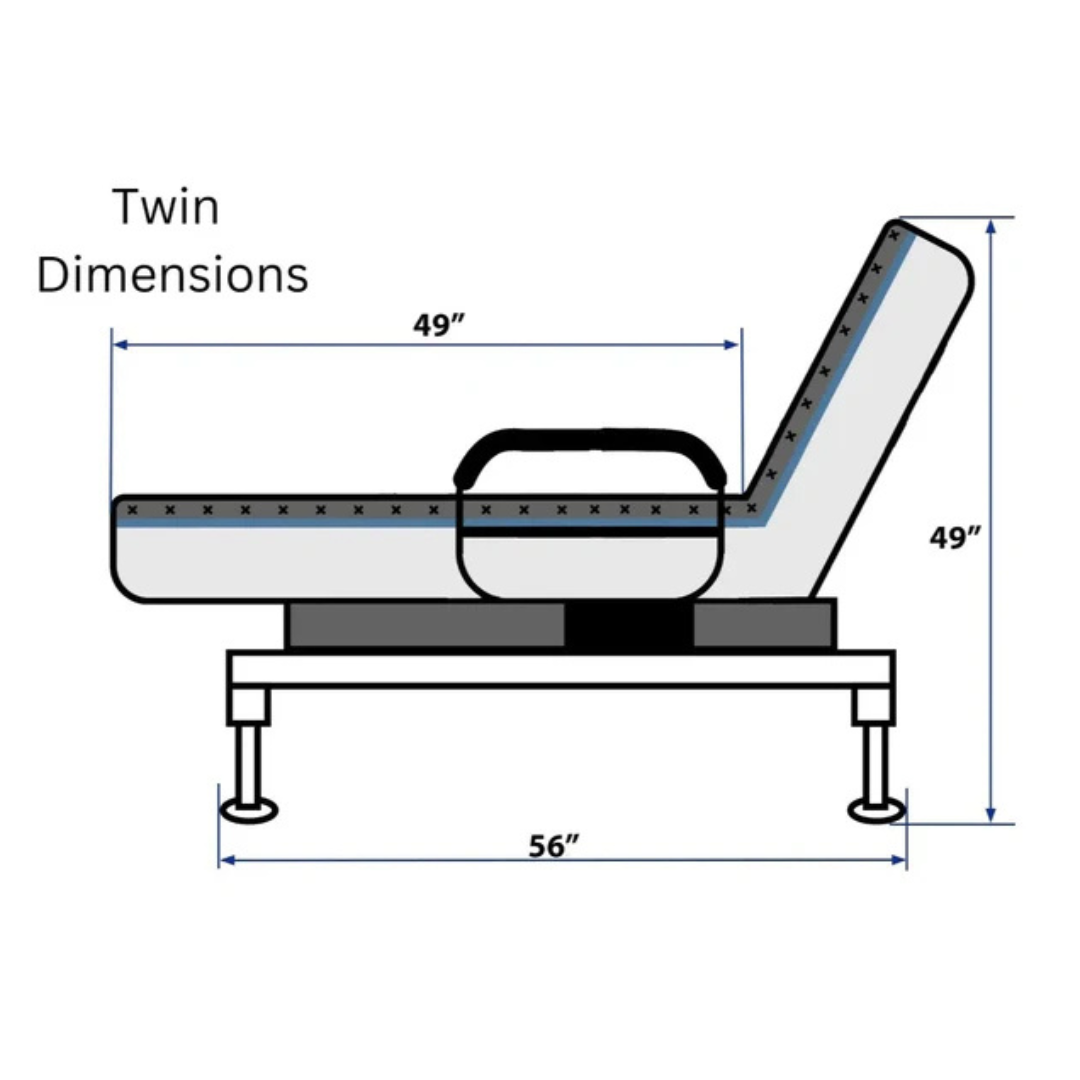 Diagram of the EZLift Bed™ - Sleep To Stand Bed (twin size) with dimensions: 49" head to bend, 49" bend to foot, and 56" total base length; features a raised head section and support legs for greater independence.