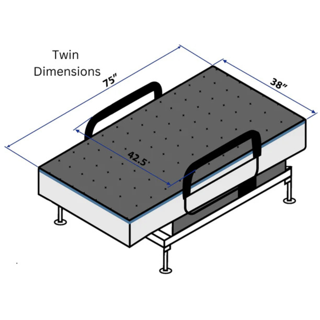 Isometric diagram of the EZLift Bed™ - Sleep To Stand Bed, twin-size on platform with side handles, dimensions: 75"L x 38"W x 42.5" between handles—designed to help you regain independence.