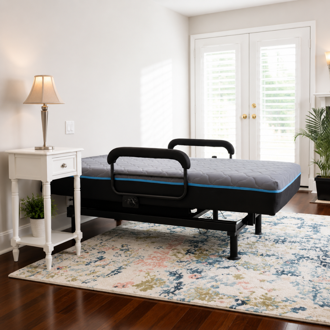 An EZLift Bed™ - Sleep To Stand Bed with safety rails is set on a patterned rug in a bright bedroom, promoting independence. Nearby, a white nightstand holds a lamp as sunlight streams through glass doors beside a potted plant.