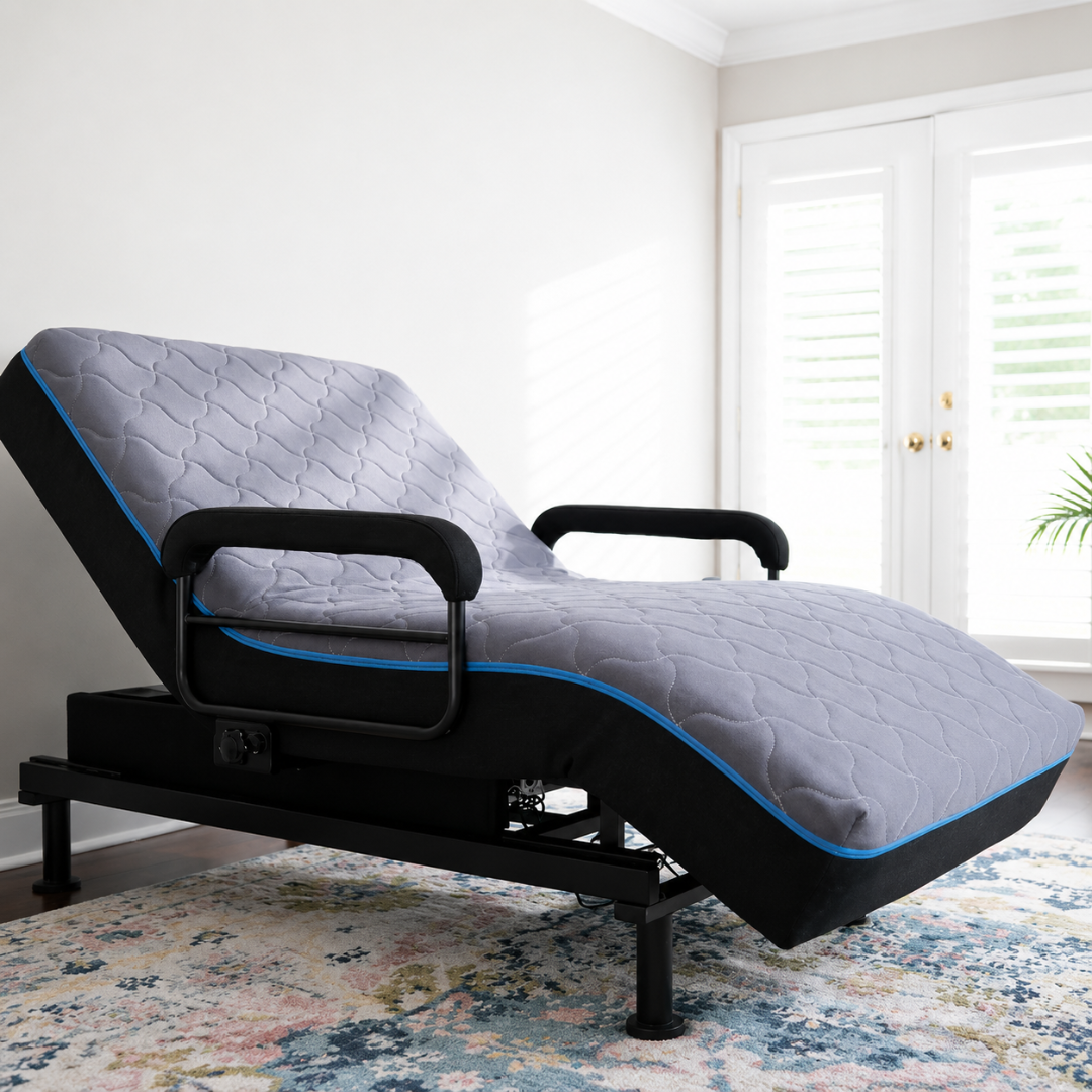 An EZLift Bed™ - Sleep To Stand Bed with a gray quilted mattress and black rails sits in a bright room with white walls, a colorful rug, and double doors—ideal for anyone seeking to regain independence.