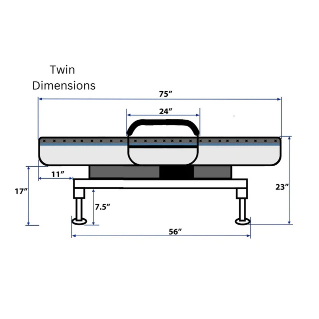 Diagram showing EZLift Bed™ - Sleep To Stand Bed twin dimensions: 39"W x 75"L x 23"H. Side view features headboard (24"), base (7.5"), mattress (11"), overall width (56"). Regain independence with this innovative bed design.