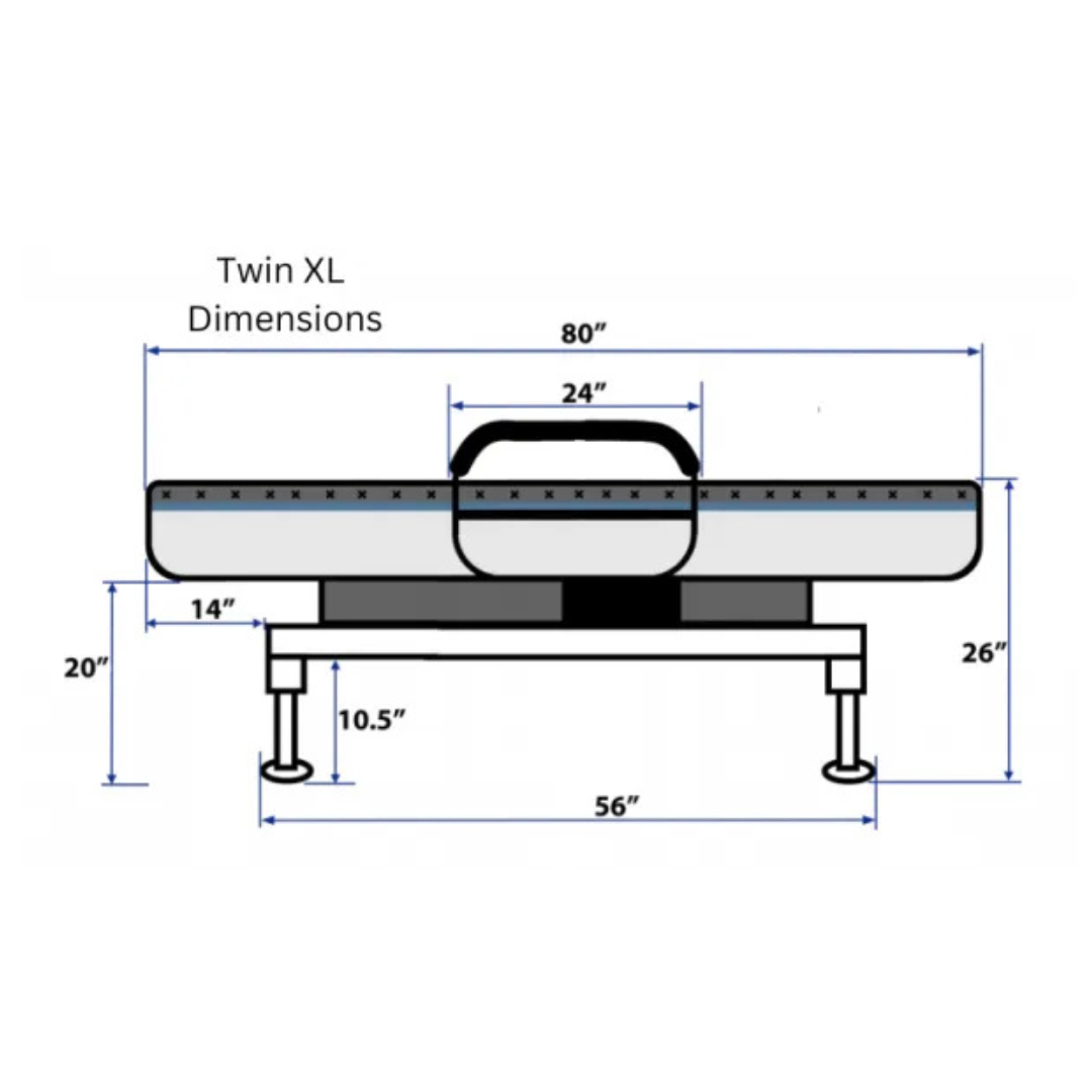 Side view dimensions of the EZLift Bed™ - Sleep To Stand Bed: 80" long, 26" high, 20" mattress height, 24" center width, 14" side sections, 10.5" leg height, and 56" total width with legs—designed to support your independence.