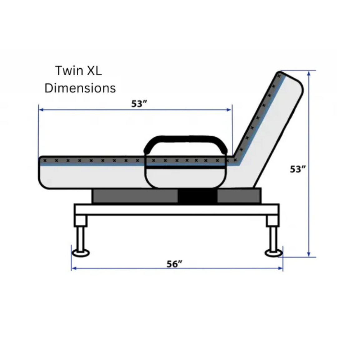 Side view diagram of the EZLift Bed™ - Sleep To Stand Bed, Twin XL. The bed is partially elevated at the head and knees, with labeled dimensions: 53" long for the bed, 56" including frame—designed to help you regain independence.