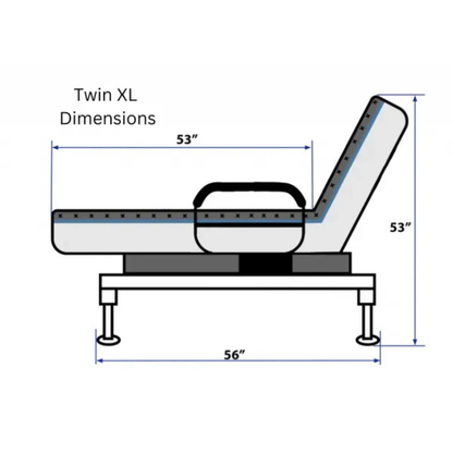 Side view diagram of the EZLift Bed™ - Sleep To Stand Bed, Twin XL. The bed is partially elevated at the head and knees, with labeled dimensions: 53" long for the bed, 56" including frame—designed to help you regain independence.
