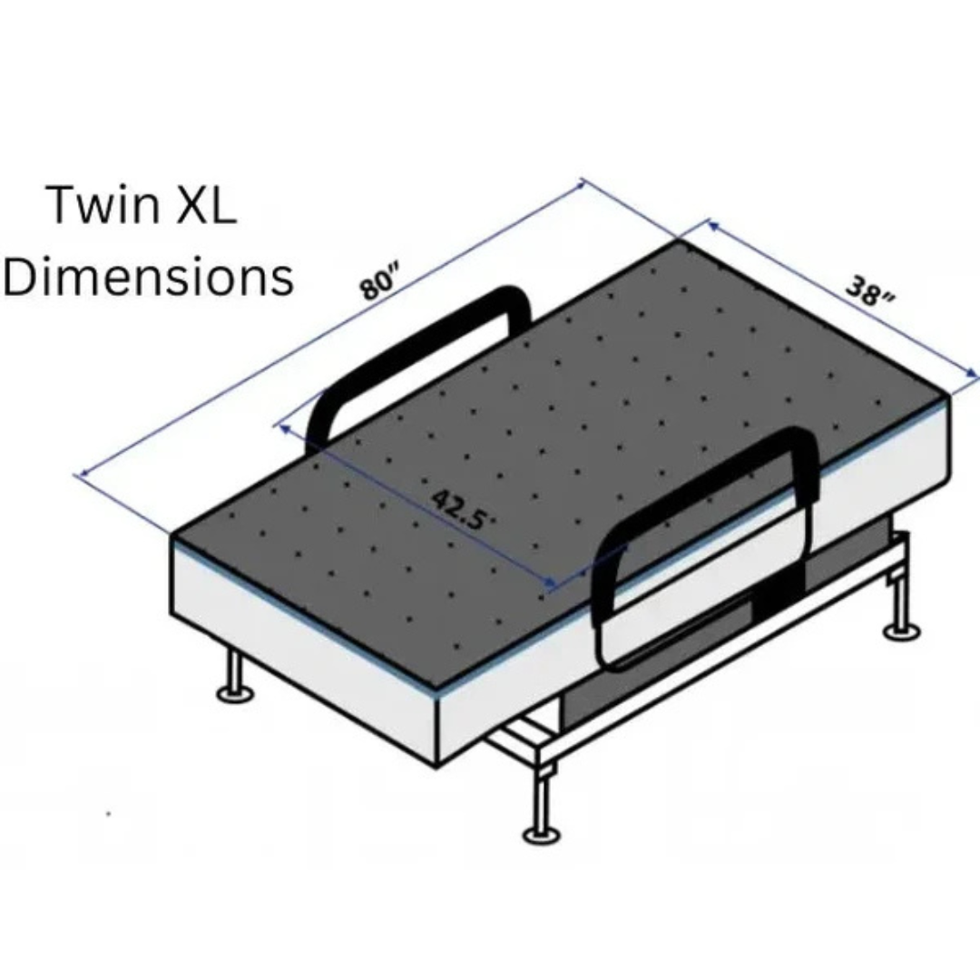 Diagram of the EZLift Bed™ - Sleep To Stand Bed with safety rails, showing dimensions: 80" long, 38" wide, and rails spanning 42.5"—designed to support user independence.